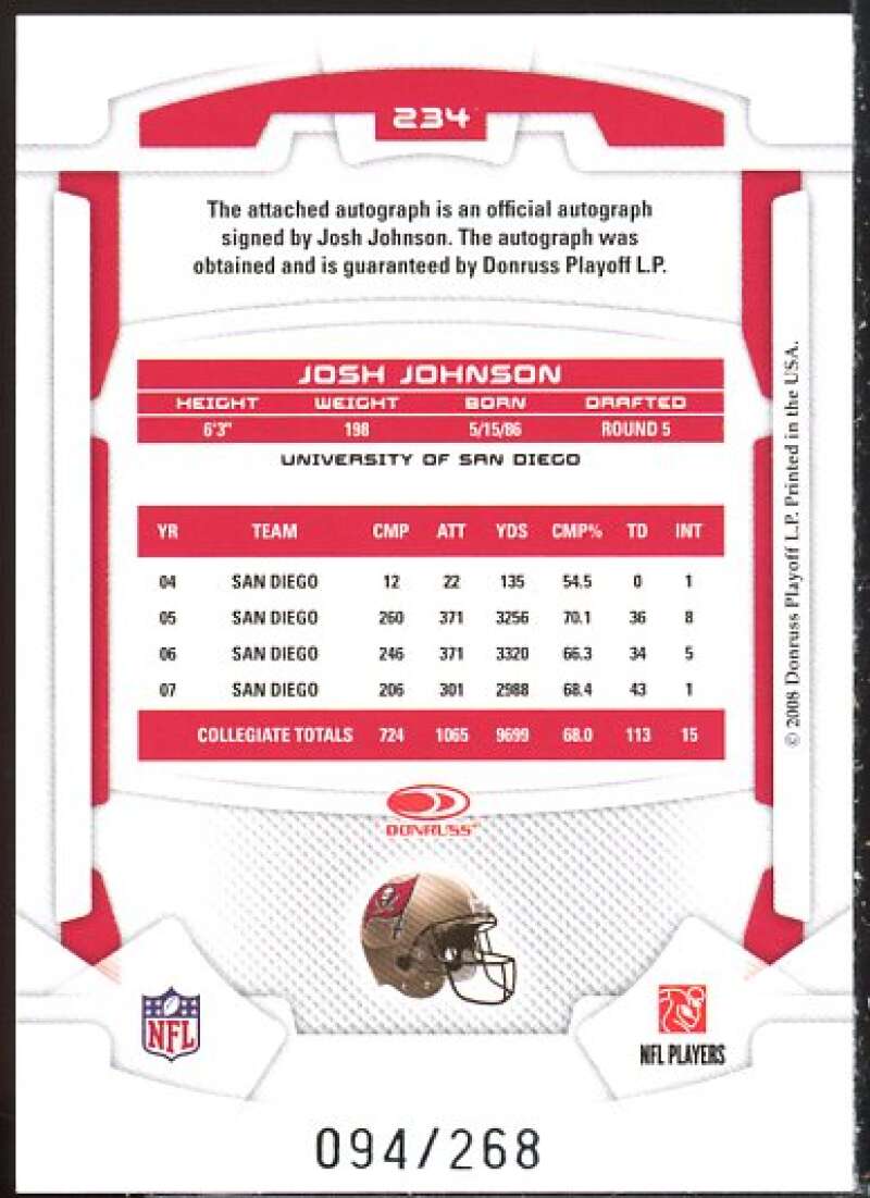 Josh Johnson AU/268 Rookie Card 2008 Leaf Rookies and Stars #234  Image 2