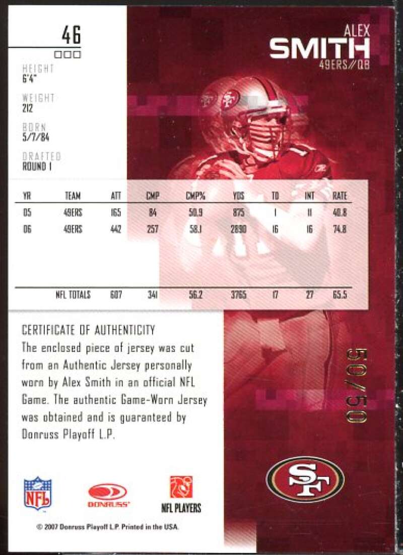 Alex Smith QB Card 2007 Leaf Rookies and Stars Materials Gold #46  Image 2