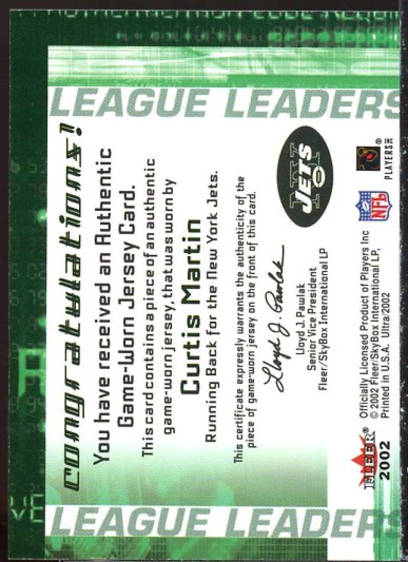 Curtis Martin Card 2002 Ultra League Leaders Memorabilia #9  Image 2