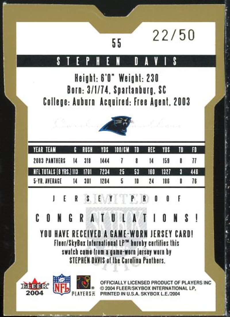 Stephen Davis Card 2004 SkyBox LE Jersey Gold Patch #55  Image 2