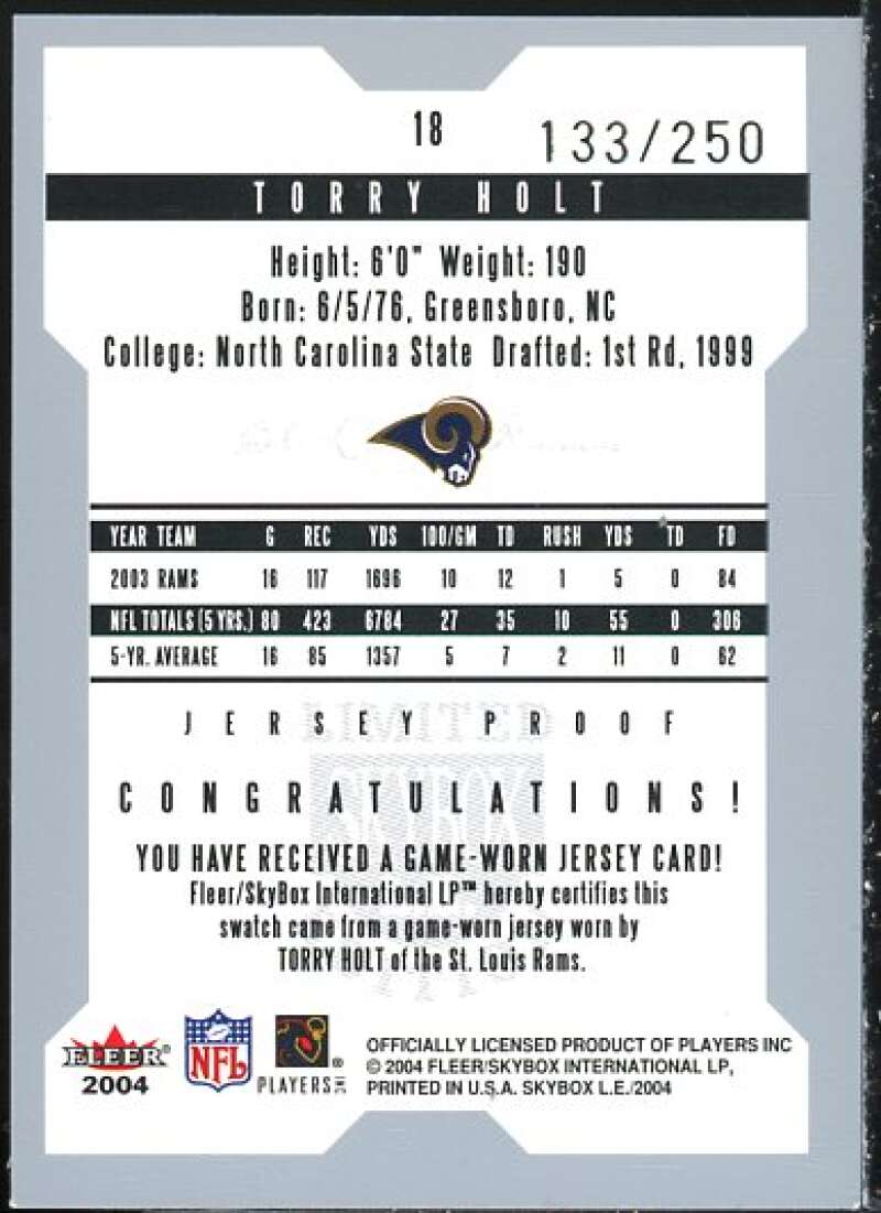 Torry Holt Card 2004 SkyBox LE Jersey Silver #18  Image 2