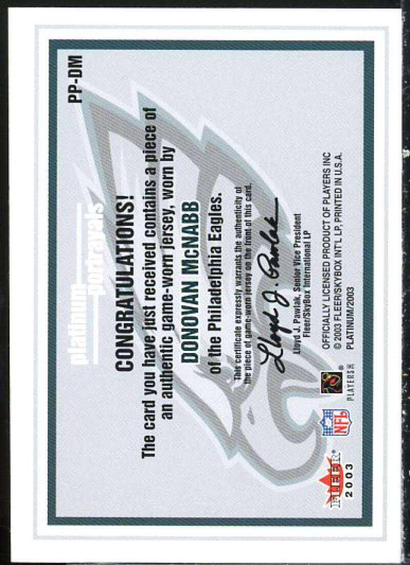 Donovan McNabb Card 2003 Fleer Platinum Portrayals Jerseys #PPDM  Image 2