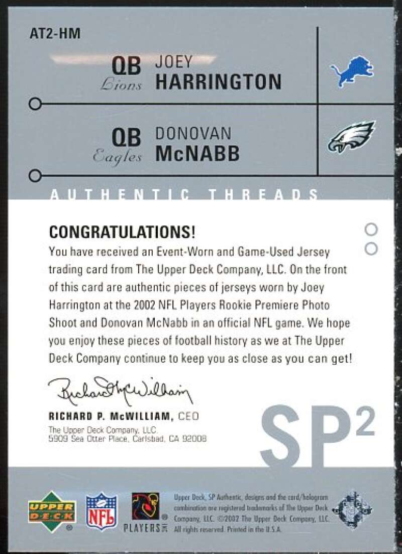 Joey Harrington/Donovan McNabb Card 2002 SP Authentic Threads Doubles #AT2HM  Image 2