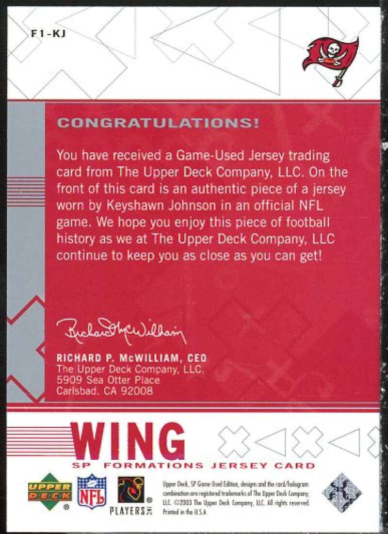 Keyshawn Johnson Card 2003 SP Game Used Edition Formations Wing #KJ  Image 2