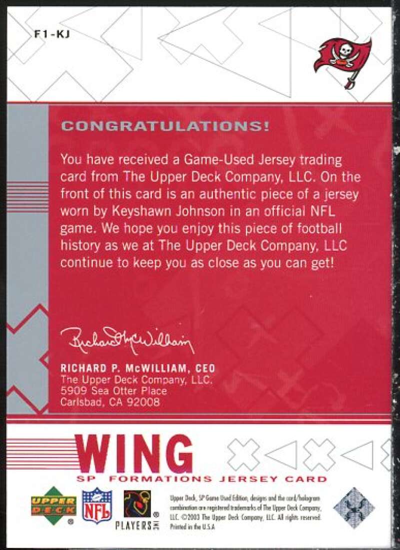 Keyshawn Johnson Card 2003 SP Game Used Edition Formations Wing #KJ  Image 2