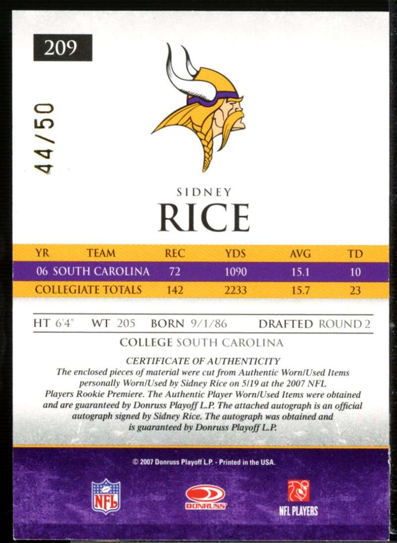 Sidney Rice 2007 Donruss Gridiron Gear Rookie Jerseys Prime Autographs #209  Image 2