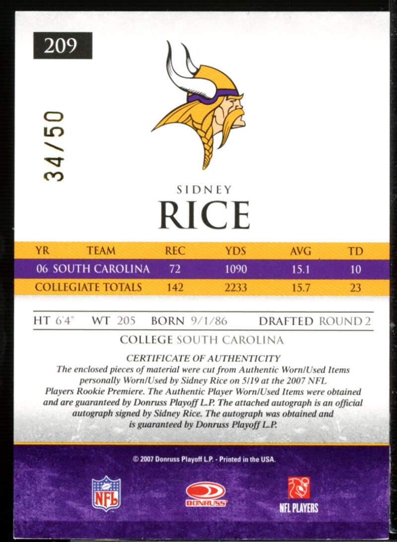 Sidney Rice 2007 Donruss Gridiron Gear Rookie Jerseys Prime Autographs #209  Image 2