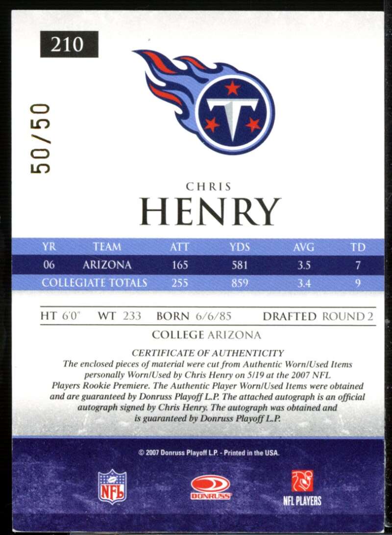 Chris Henry 2007 Donruss Gridiron Gear Rookie Jersey Combo Prime Autograph #210  Image 2