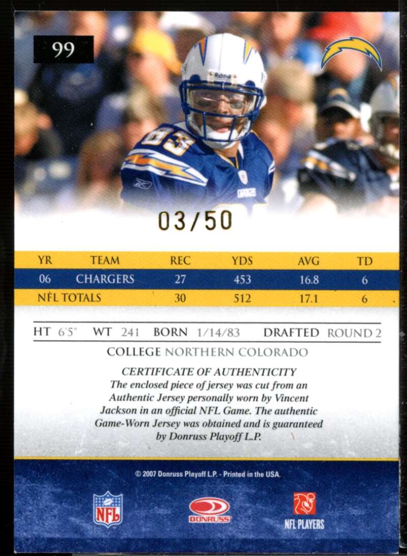 Vincent Jackson Card 2007 Donruss Gridiron Gear Jerseys Prime #99  Image 2