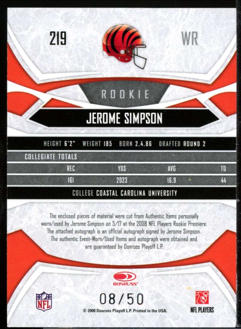 Simpson 2008 Donruss Gridiron Gear Rookie Gridiron Gems Jerseys AU Prime #219  Image 2