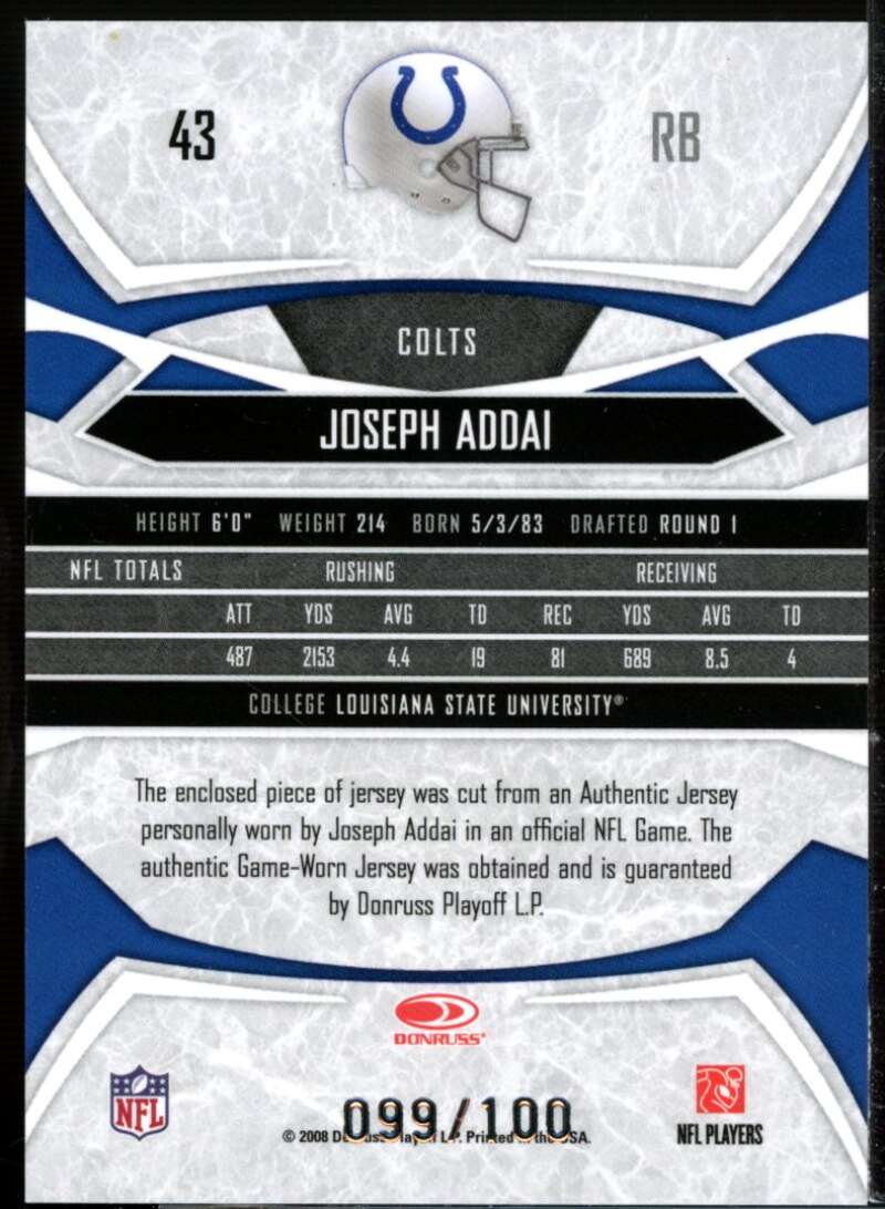 Joseph Addai Card 2008 Donruss Gridiron Gear Jerseys O's #43  Image 2