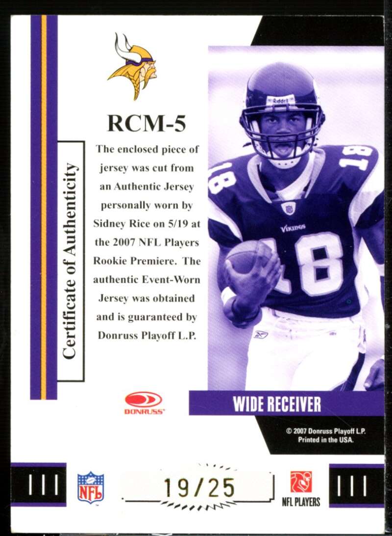 Sidney Rice Card 2007 Donruss Threads Rookie Collection Materials Prime #5  Image 2