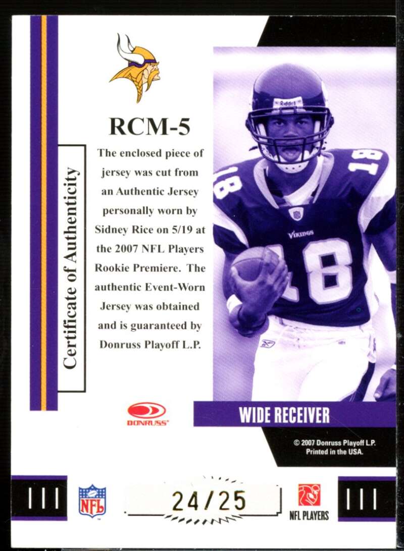 Sidney Rice Card 2007 Donruss Threads Rookie Collection Materials Prime #5  Image 2