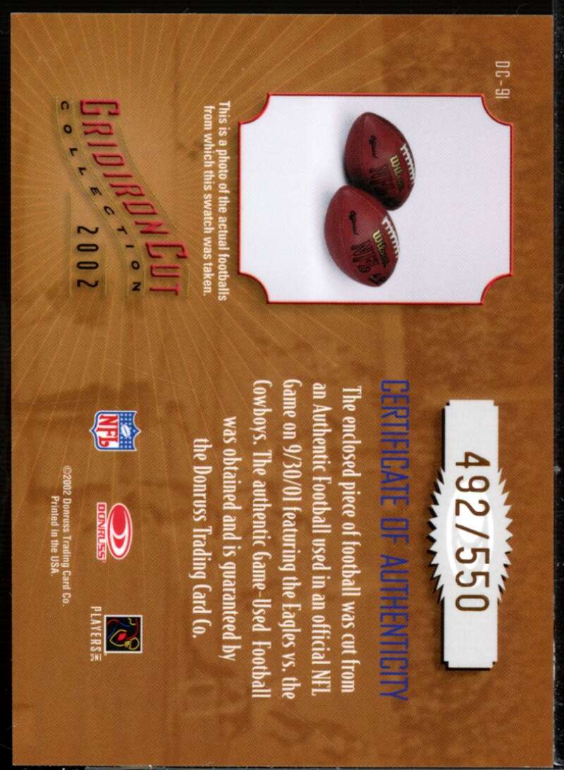 Donovan McNabb FB Card 2002 Gridiron Kings Gridiron Cut Collection #GC91  Image 2