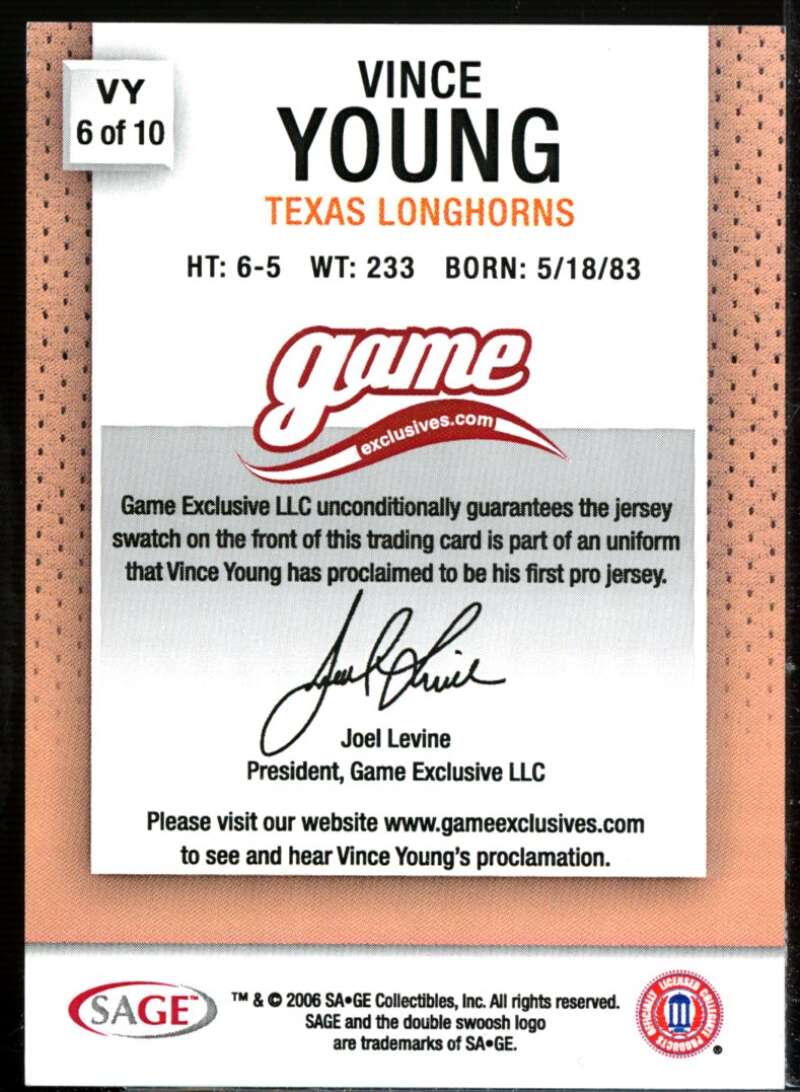 Vince Young NFL Rookie 2006 SAGE Game Exclusive Vince Young Jerseys Bronze #VY6  Image 2