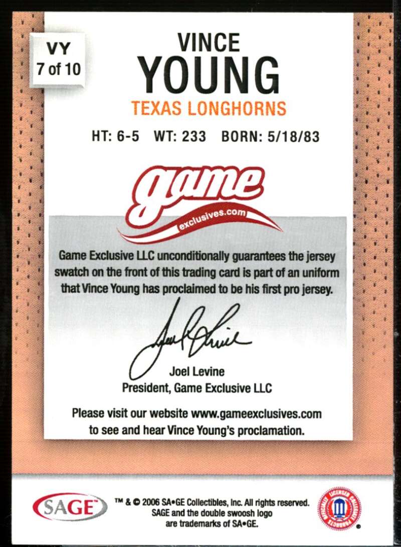 Vince Young NFL Rookie 2006 SAGE Game Exclusive Vince Young Jerseys Bronze #VY7  Image 2