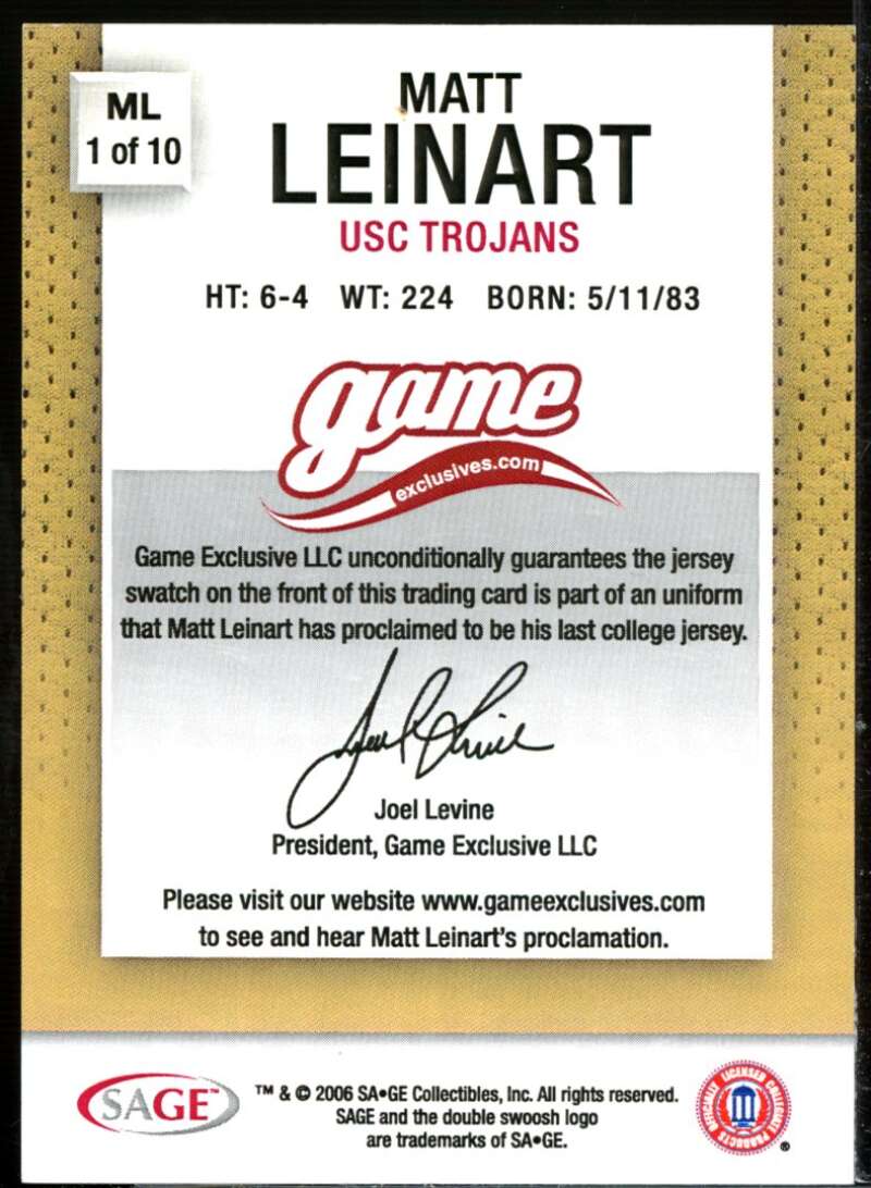 Matt Leinart Rookie 2006 SAGE Game Exclusive Matt Leinart Jerseys Gold #ML1  Image 2