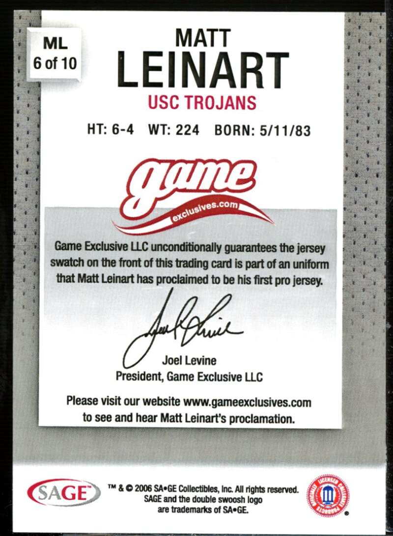 Matt Leinart Rookie 2006 SAGE Game Exclusive Matt Leinart Jerseys Silver #ML6  Image 2