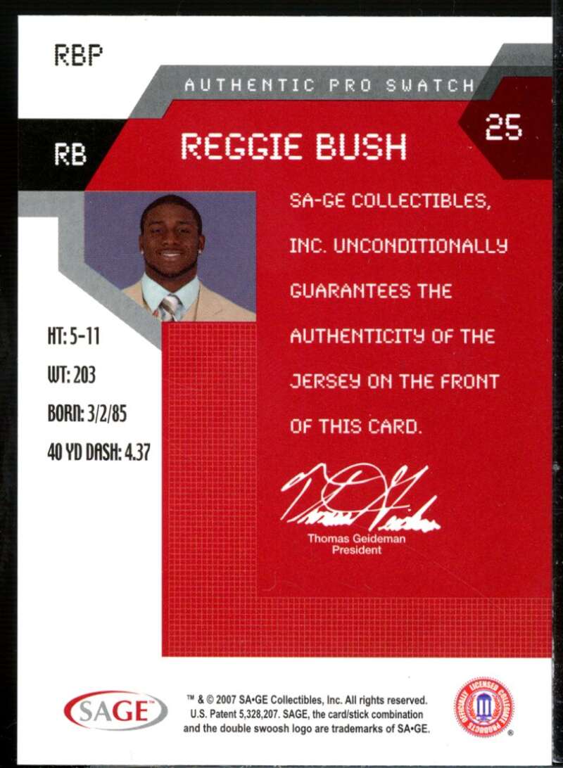 Reggie Bush Pro Card 2007 SAGE HIT Jersey Bonus Red #RBP  Image 2