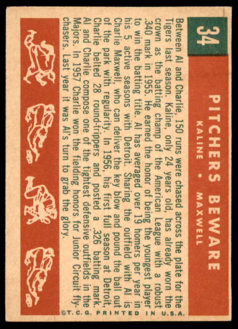Pitchers Beware/Al Kaline/Charley Maxwell (light crease) Card 1959 Topps #34  Image 2