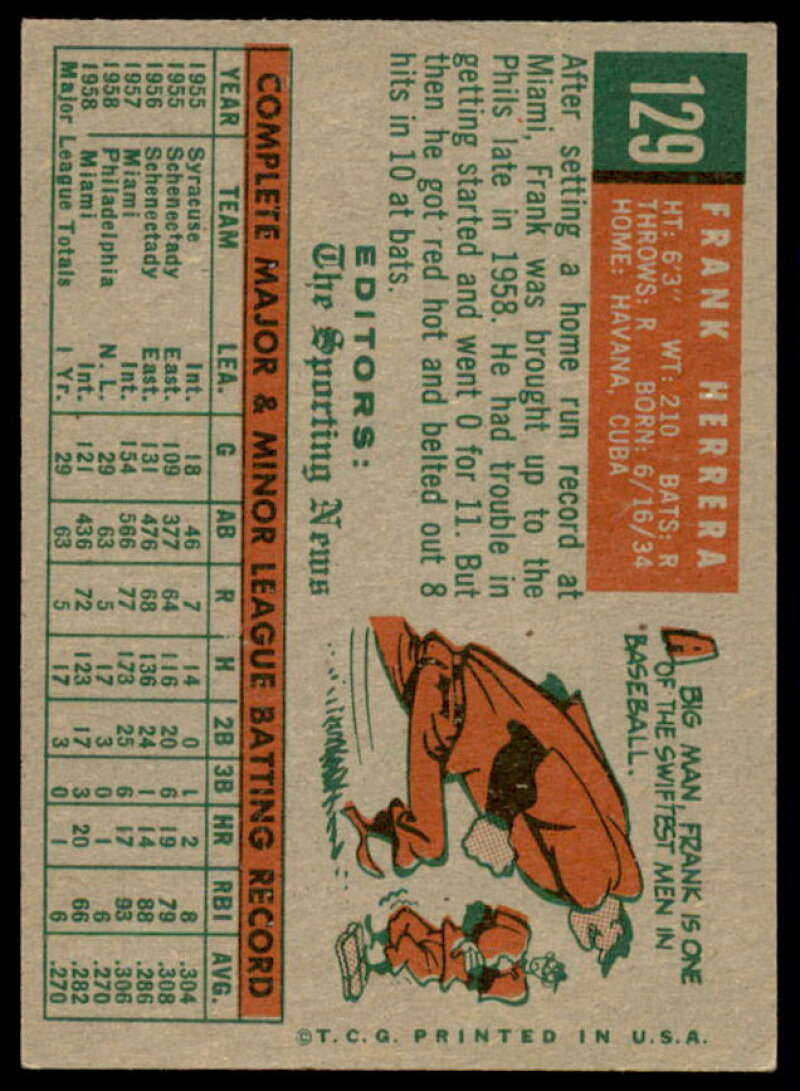 Frank Herrera RS Rookie Card 1959 Topps #129  Image 2