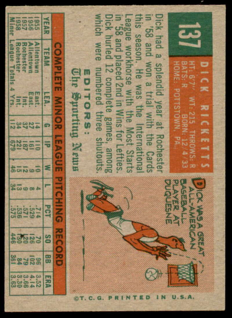 Dick Ricketts RS Rookie Card 1959 Topps #137  Image 2