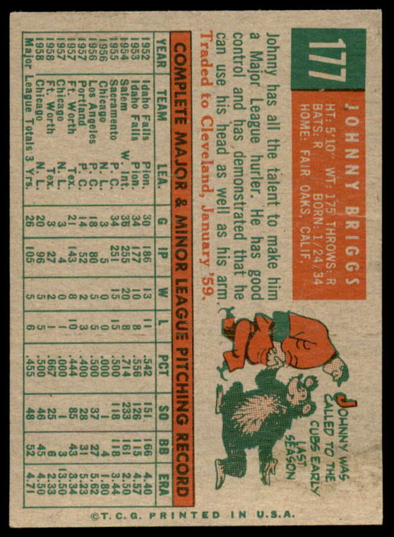 John Briggs Rookie Card 1959 Topps #177  Image 2