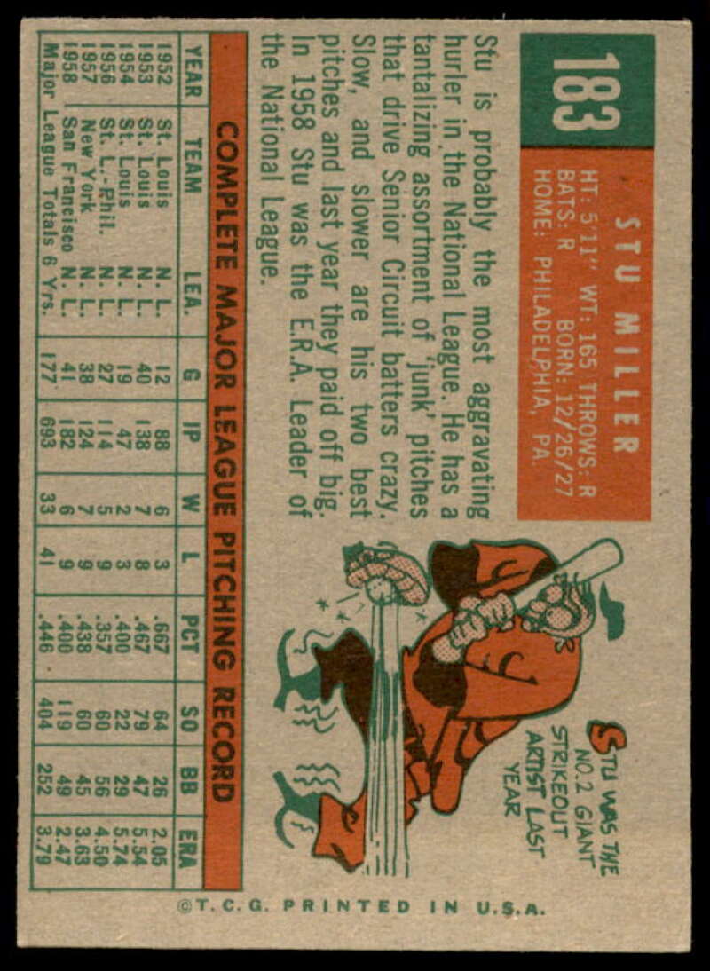 Stu Miller Card 1959 Topps #183  Image 2