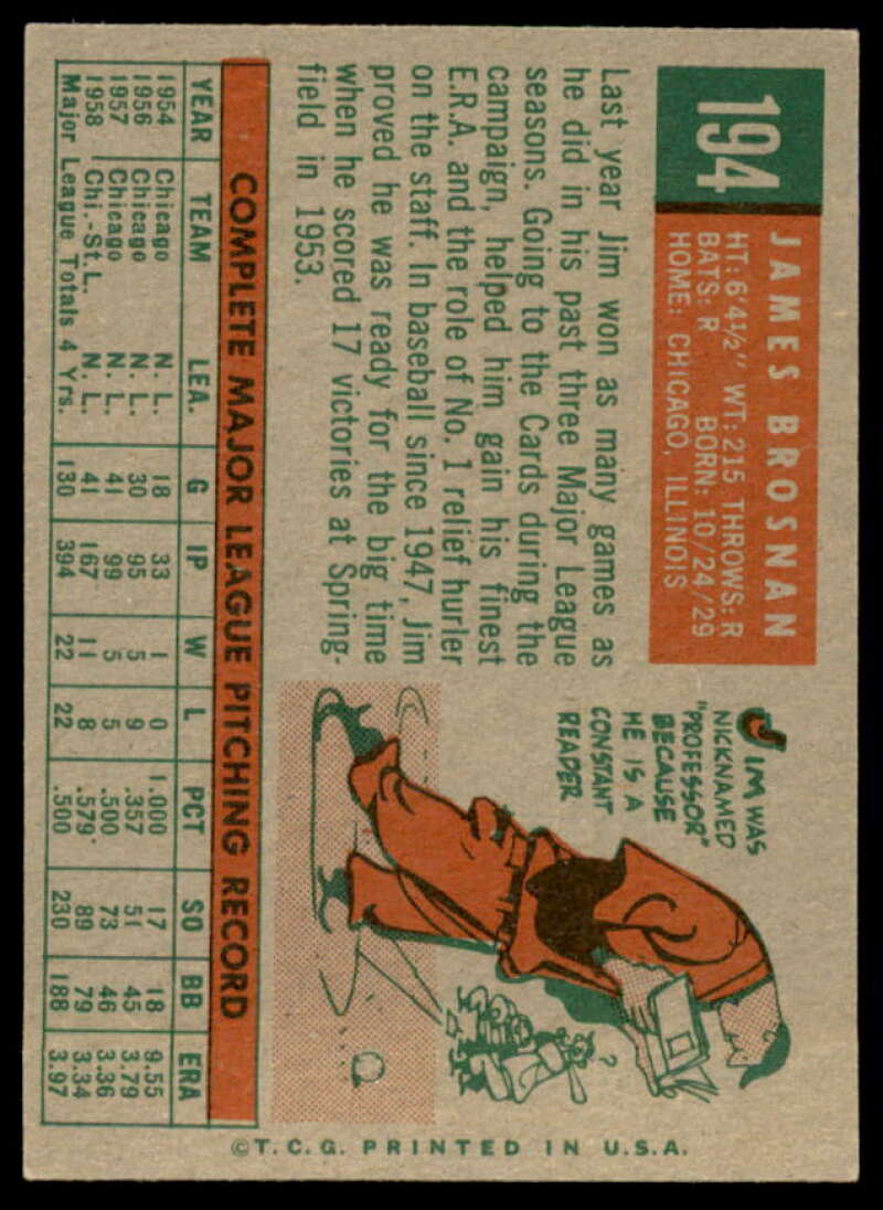 Jim Brosnan Card 1959 Topps #194  Image 2