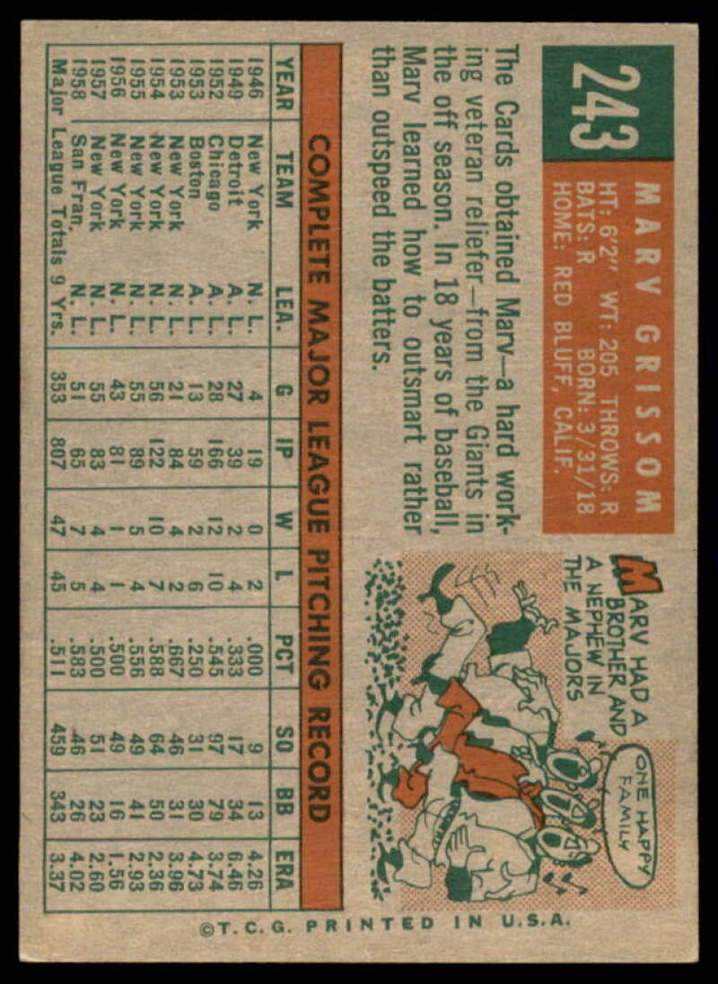 Marv Grissom GB Card 1959 Topps #243A  Image 2