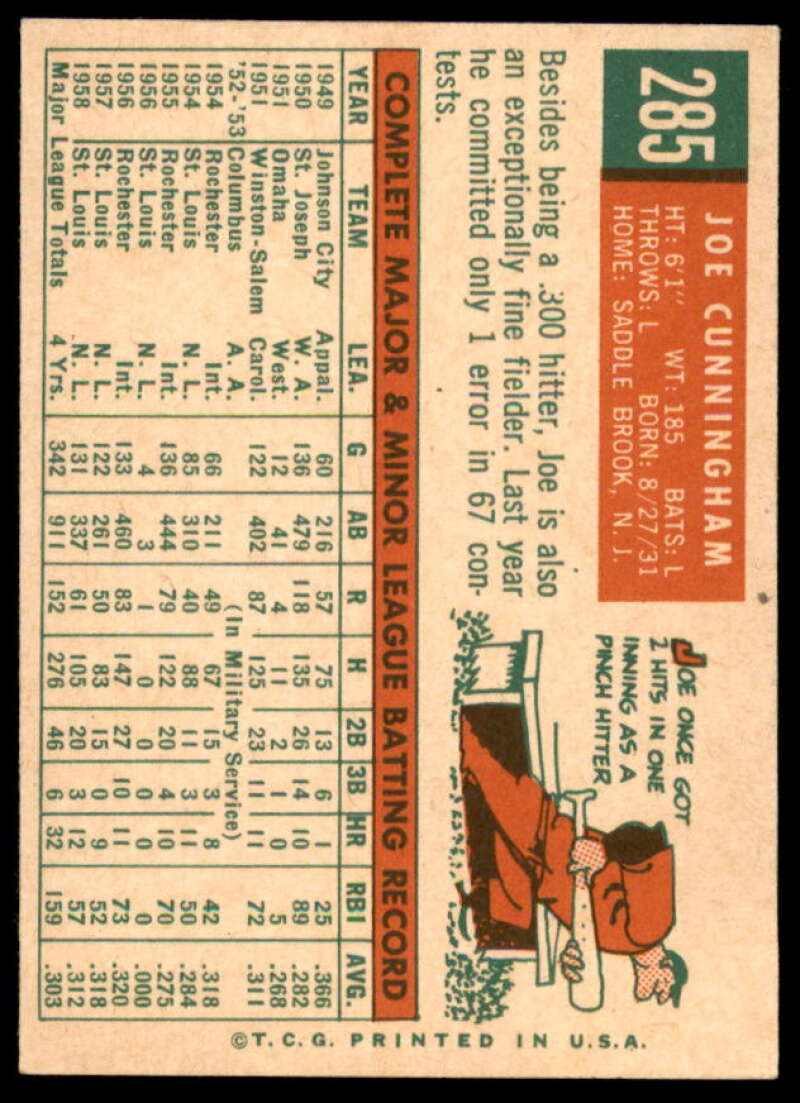 Joe Cunningham Card 1959 Topps #285  Image 2