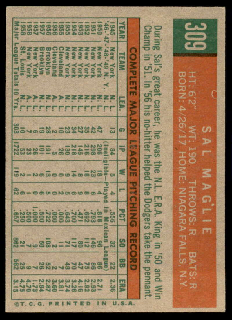 Sal Maglie Card 1959 Topps #309  Image 2