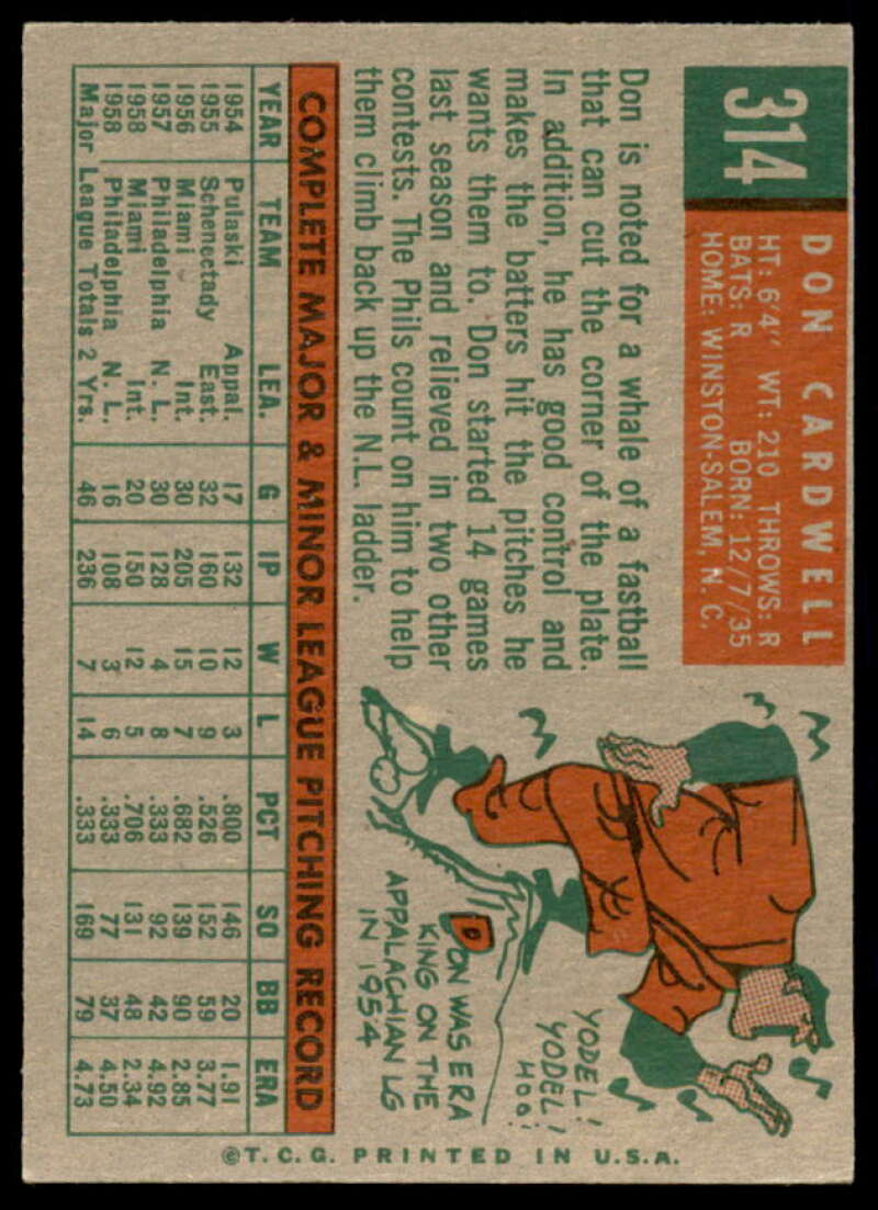 Don Cardwell Card 1959 Topps #314  Image 2
