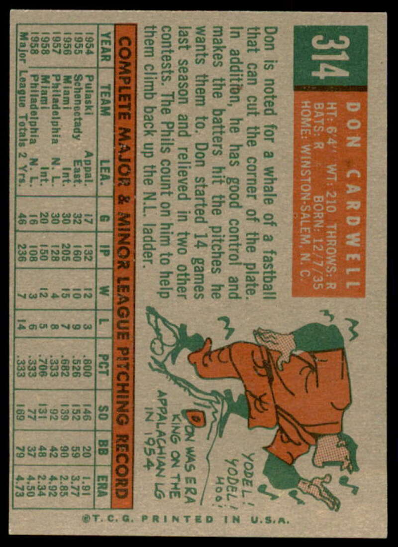 Don Cardwell Card 1959 Topps #314  Image 2