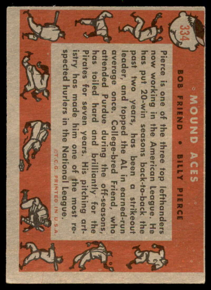 Mound Aces/Bob Friend/Billy Pierce Card 1958 Topps #334  Image 2