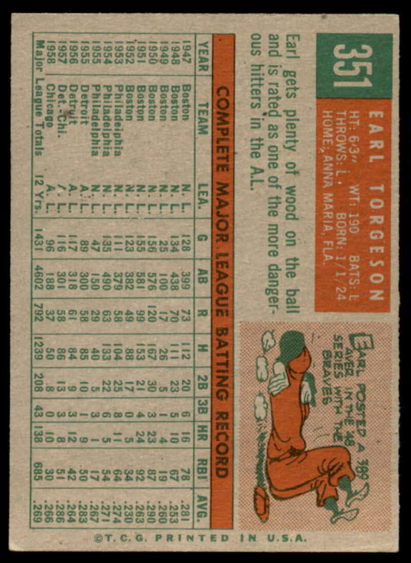 Earl Torgeson Card 1959 Topps #351  Image 2