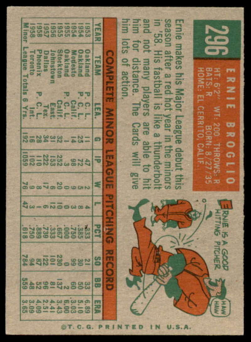 Ernie Broglio Rookie Card 1959 Topps #296  Image 2