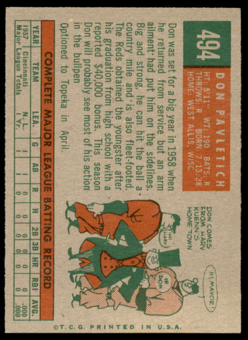 Don Pavletich Rookie Card 1959 Topps #494  Image 2