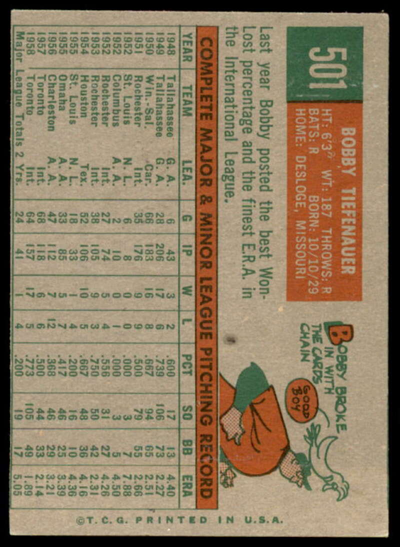 Bob Tiefenauer Rookie Card 1959 Topps #501  Image 2
