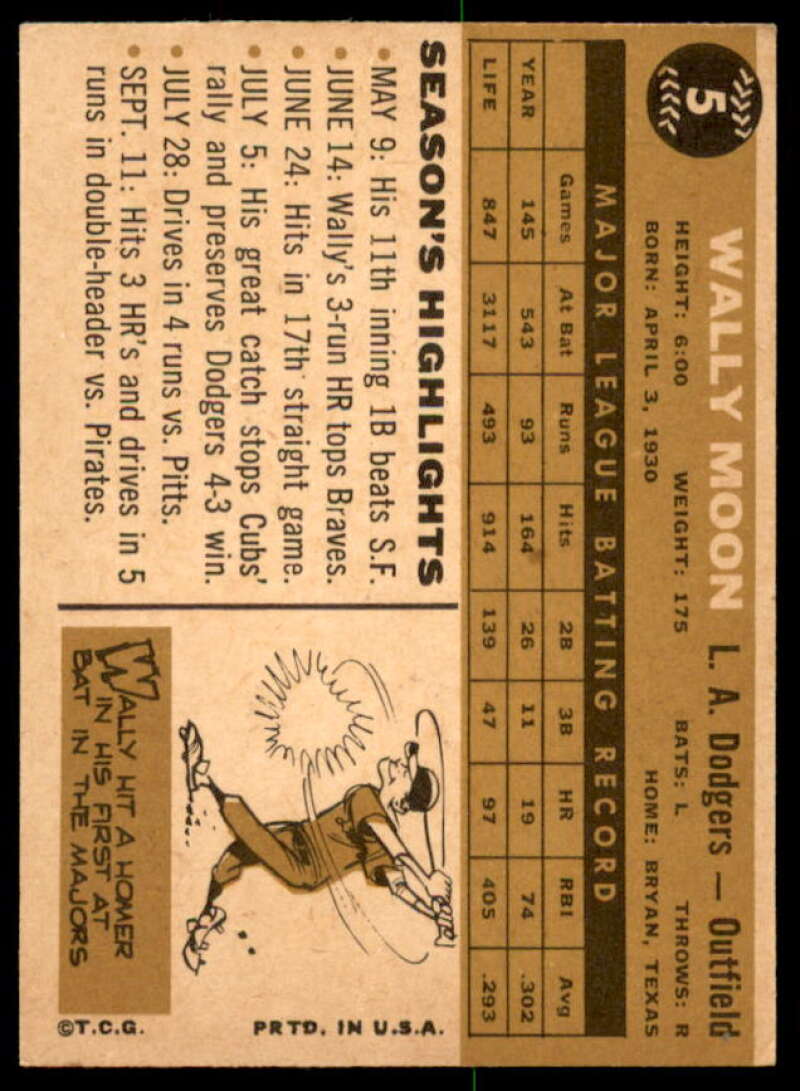 Wally Moon Card 1960 Topps #5  Image 2