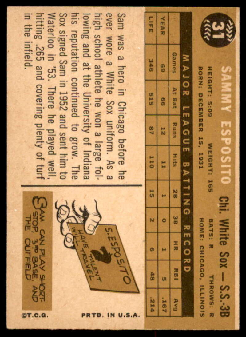 Sammy Esposito Card 1960 Topps #31  Image 2
