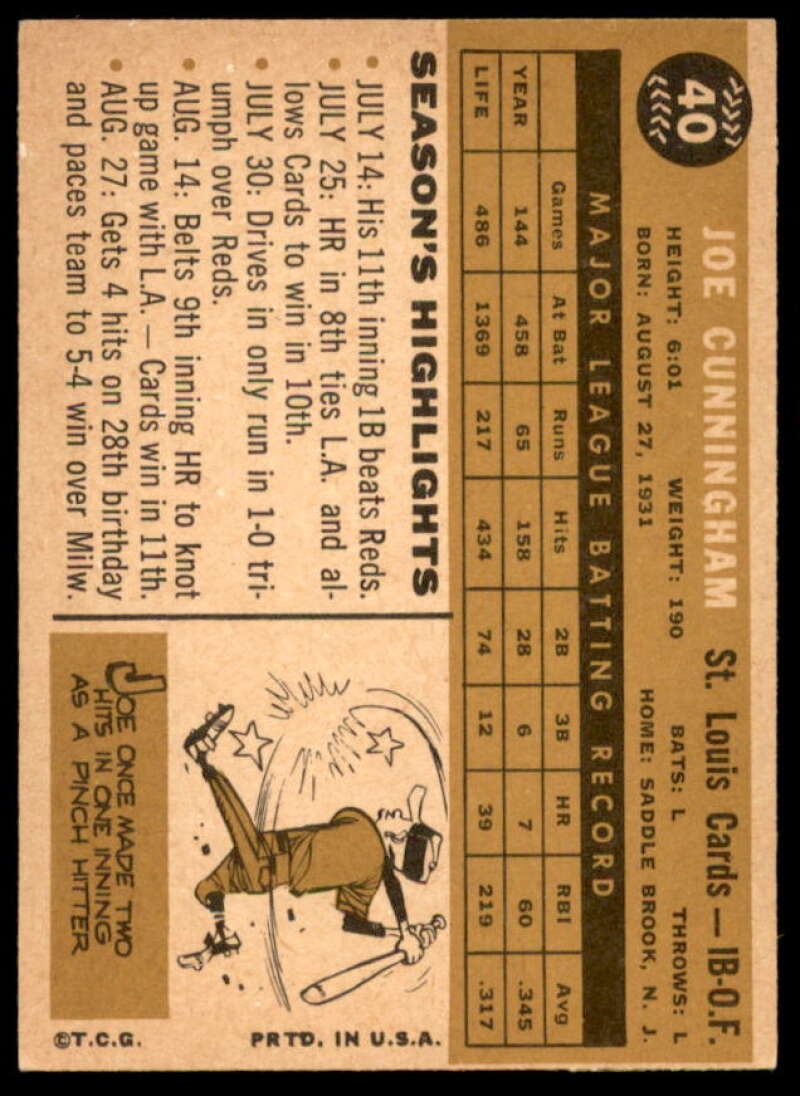 Joe Cunningham Card 1960 Topps #40  Image 2