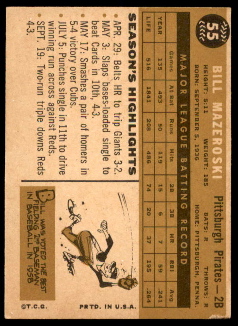 Bill Mazeroski Card 1960 Topps #55  Image 2