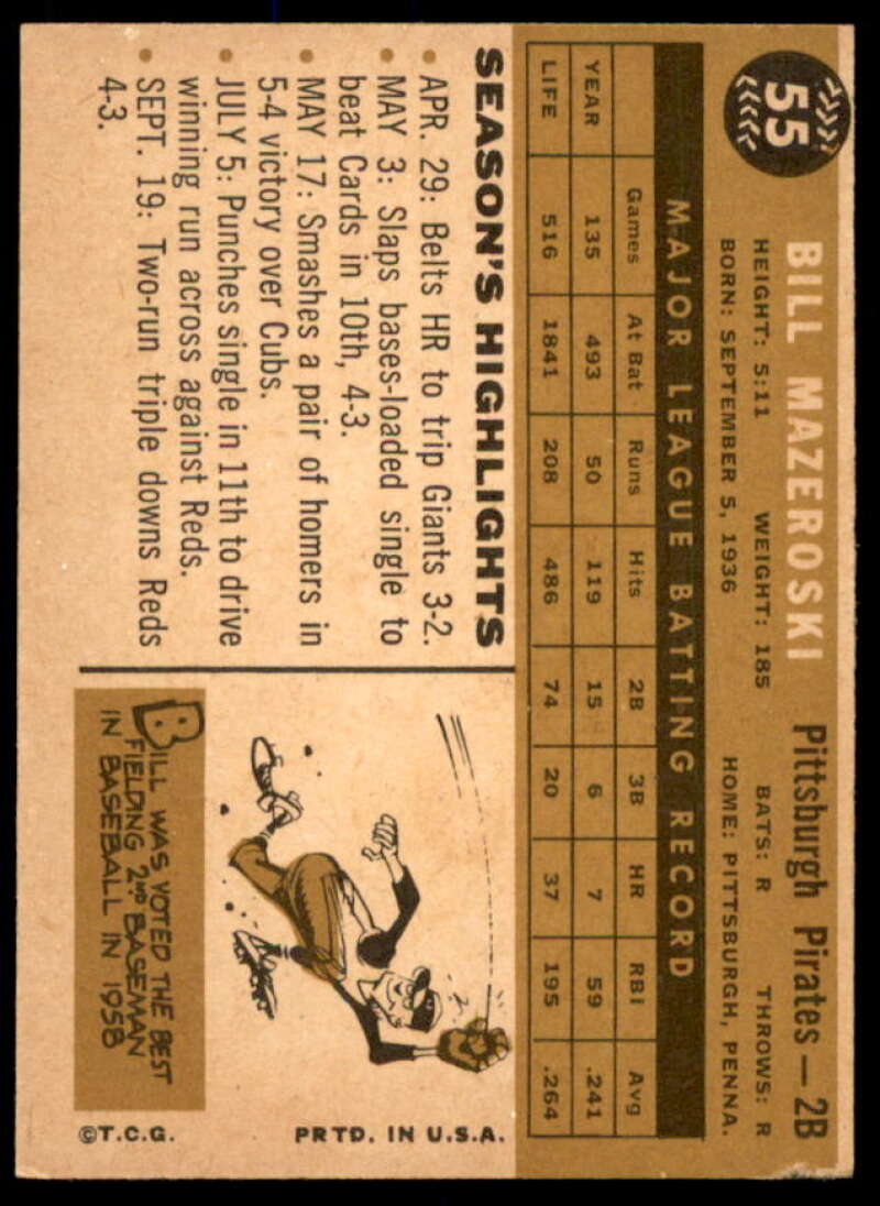 Bill Mazeroski Card 1960 Topps #55  Image 2