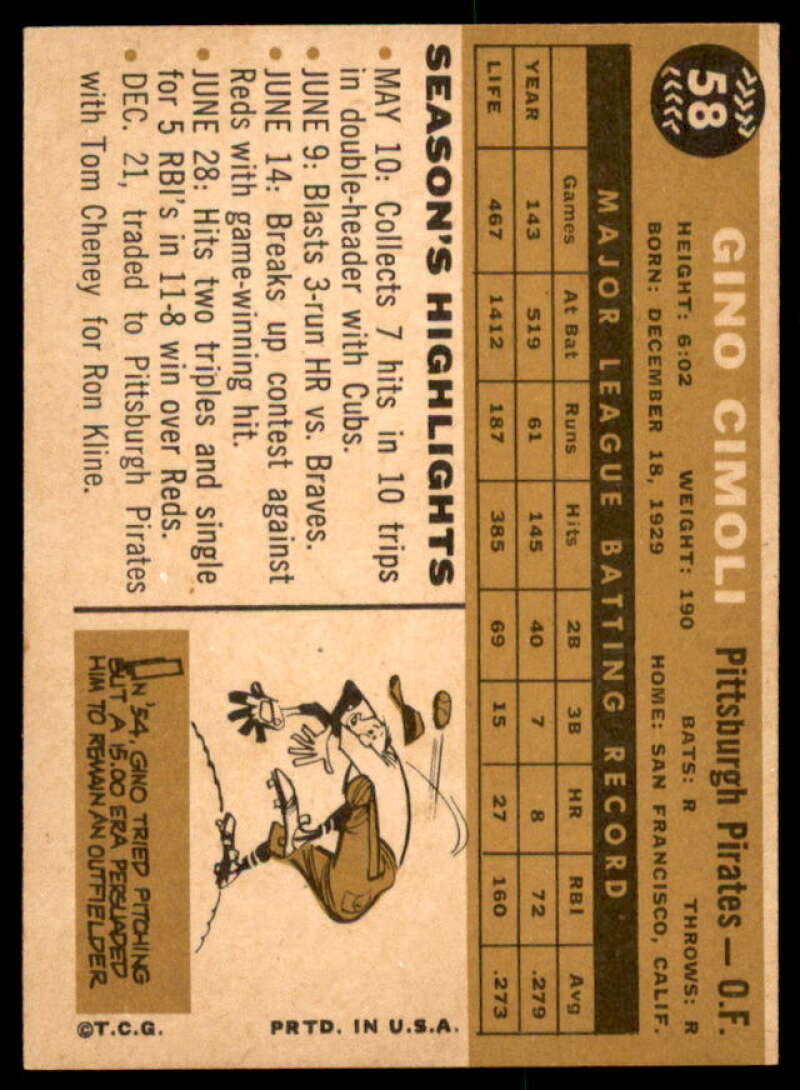 Gino Cimoli Card 1960 Topps #58  Image 2