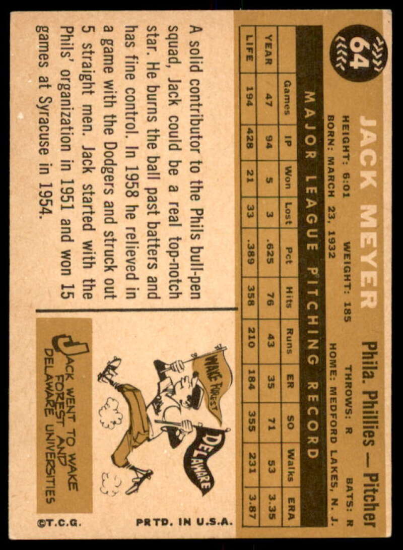 Jack Meyer Card 1960 Topps #64  Image 2