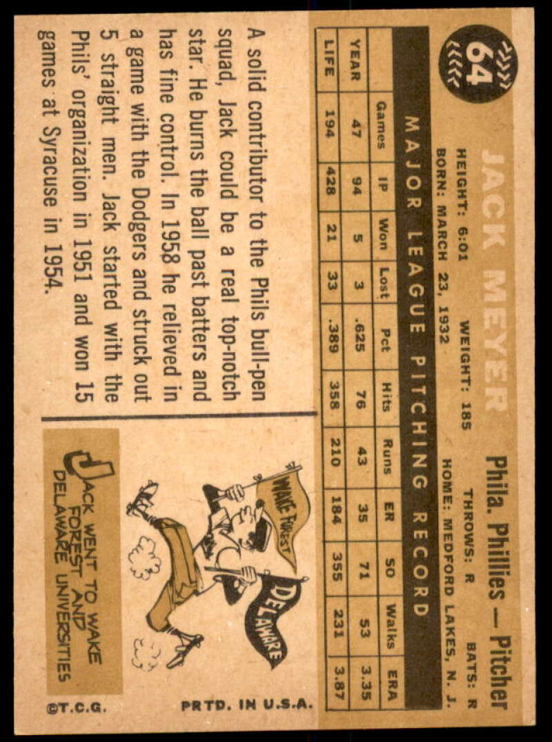 Jack Meyer Card 1960 Topps #64  Image 2