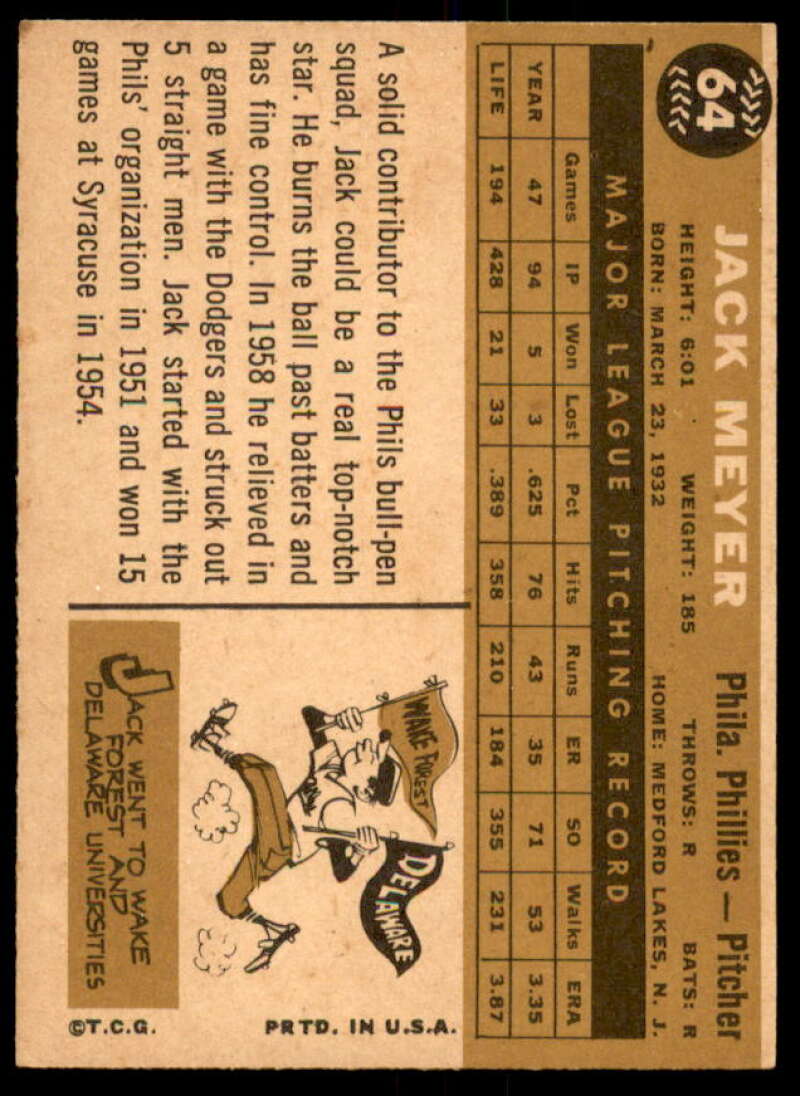 Jack Meyer Card 1960 Topps #64  Image 2