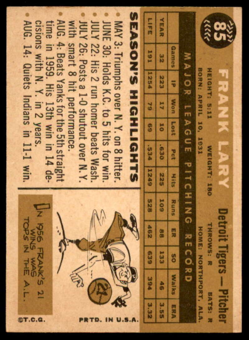 Frank Lary Card 1960 Topps #85  Image 2