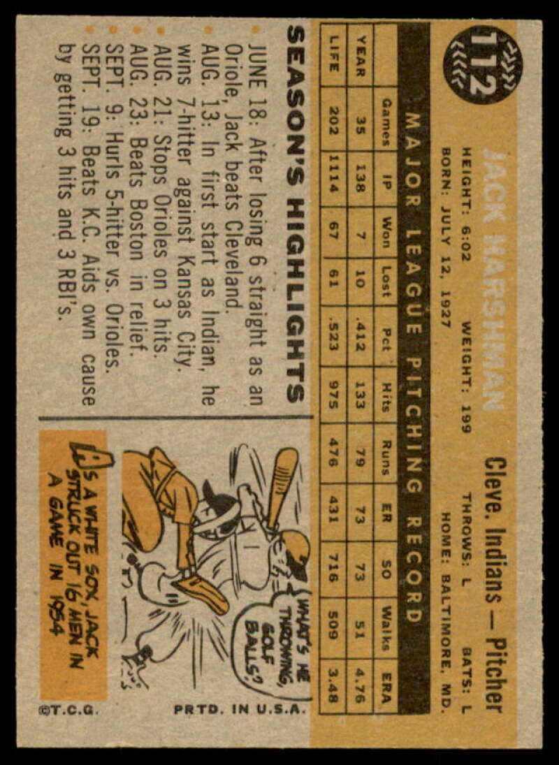 Jack Harshman Card 1960 Topps #112  Image 2